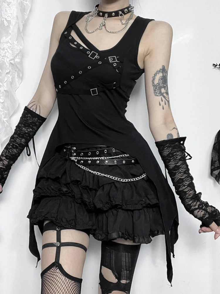 punk dress Alt Gothic Sleeveless Black – Rags n Rituals Nashville Designers — The rings adorn the chest 12UK Needles:6mm Circular Knitting Needles