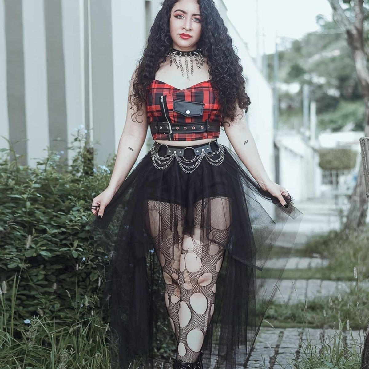 'Destroyer' Black asymmetric tulle mesh skirt