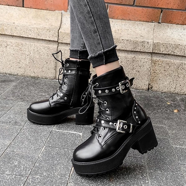 Rags n Rituals 'Night Fall' Black lace up stud buckle boots at $59.99 USD