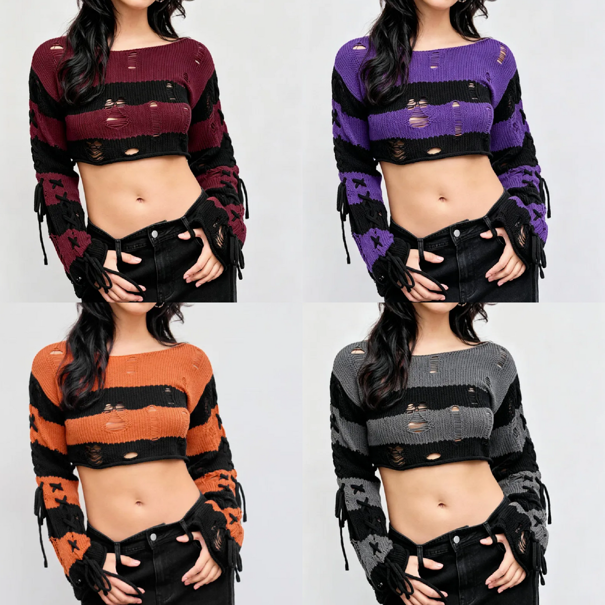 'It's Fall' Black Striped Distressed Cropped Sweater
