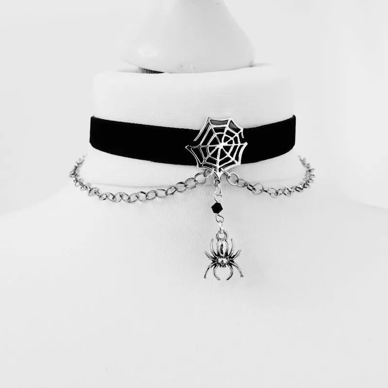 Black Goth Chain Velvet Spiderweb Choker