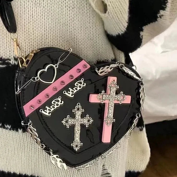 Pink/Black Kawaii Lolita Heart Shoulder Bag