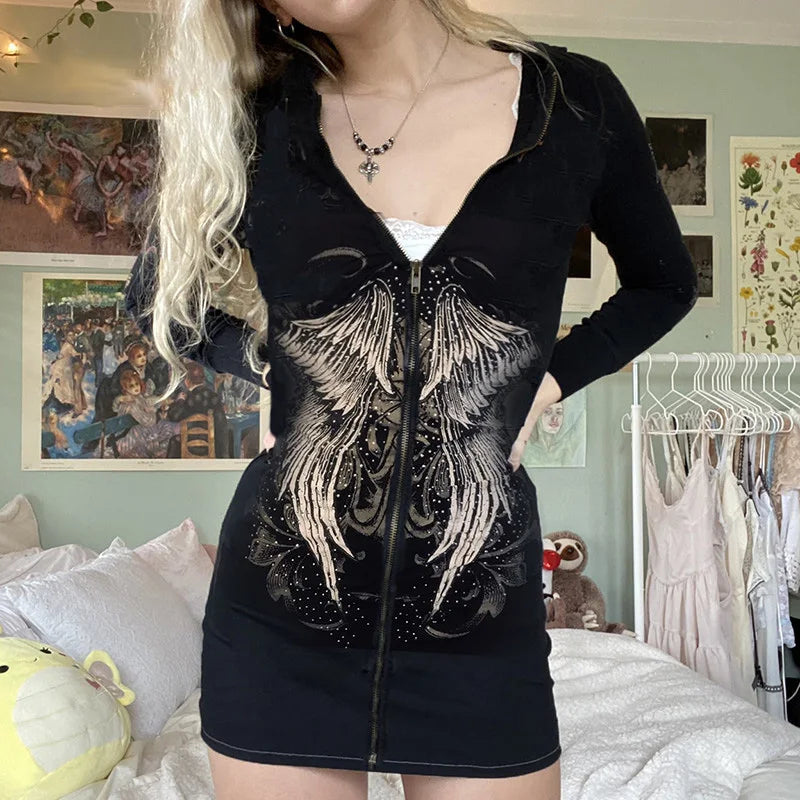 Black Fairycore Grunge Goth Print Hooded Dress – Rags n Rituals