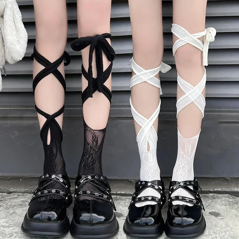 Black/White Lolita Tie Lace Fishnet Socks