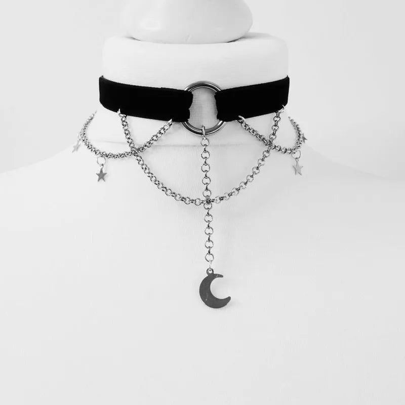 Goth Moon and Stars Crecent Chain Choker