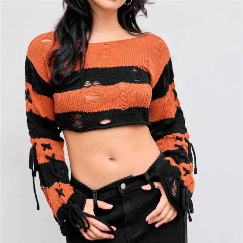'It's Fall' Black Striped Distressed Cropped Sweater