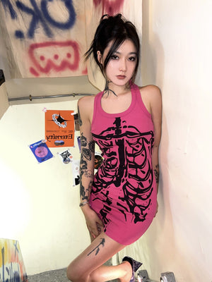 Pink Alt Kawaii Sleeveless Print Dress