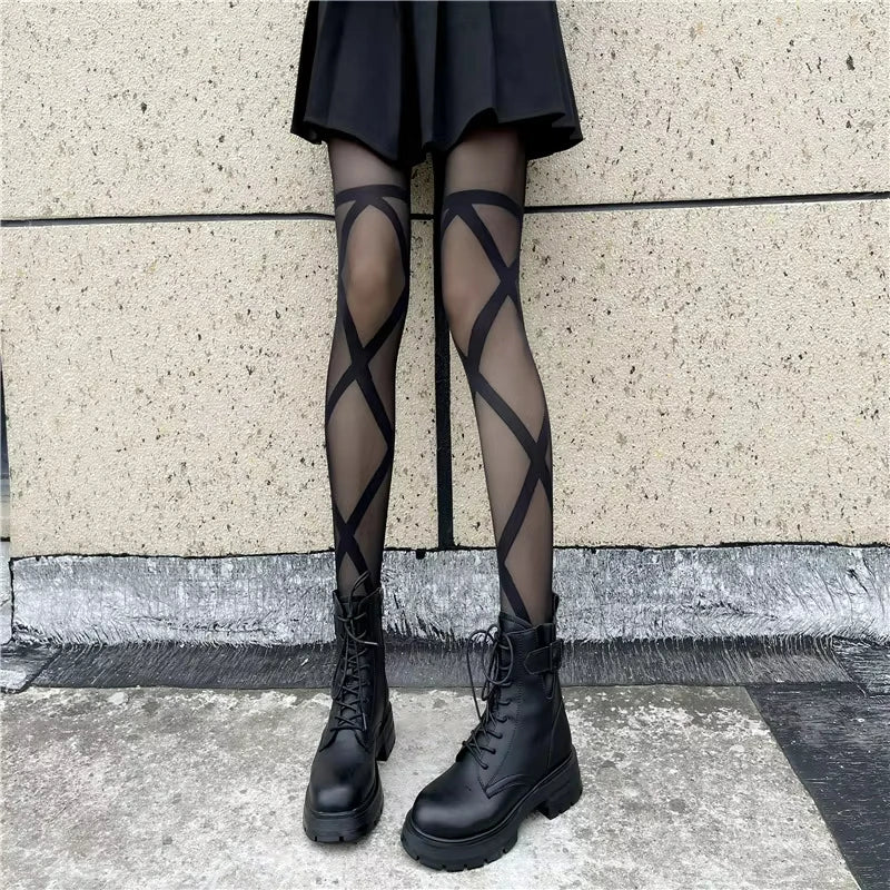 Black Alt Kawaii Lolita Tie Tights