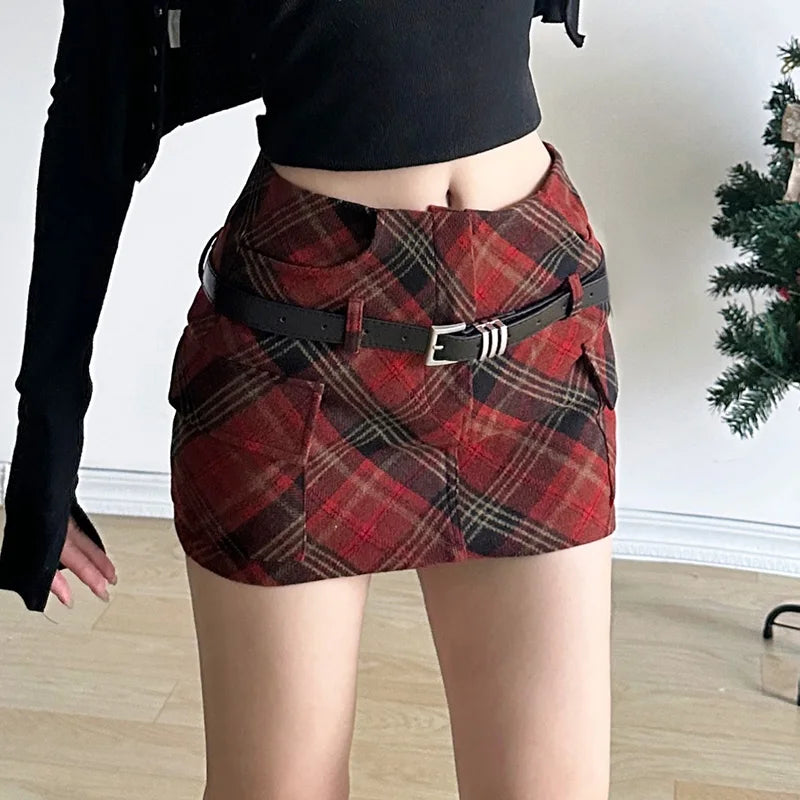 'Anyway' Red Plaid Skirt with Belt