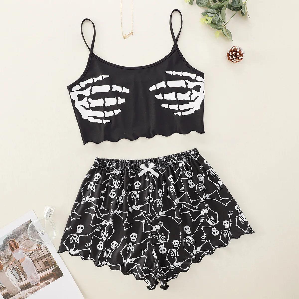 Black Goth Skeleton Print Shorts and Top