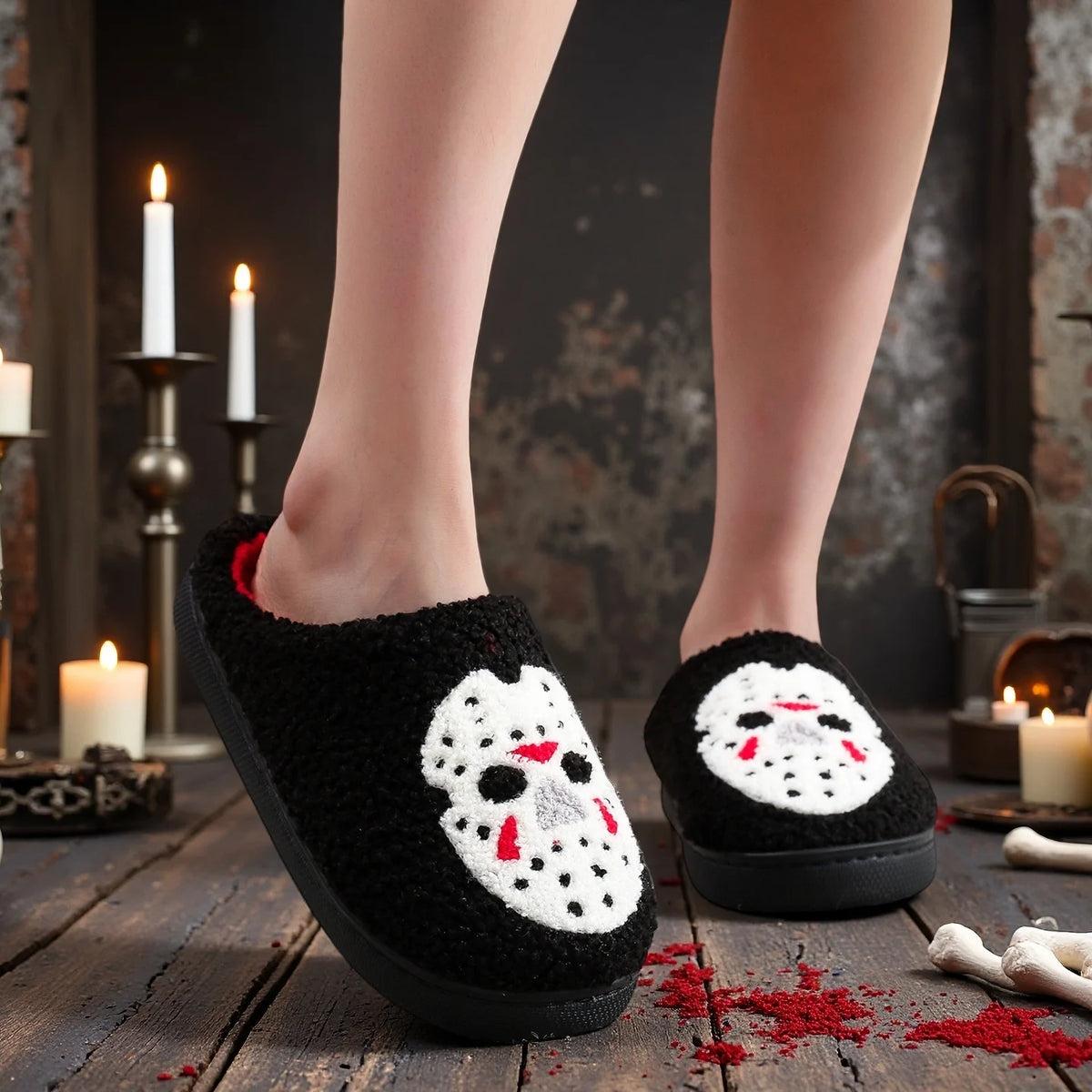 Horror Mask Black Horror Skull Plush Slippers