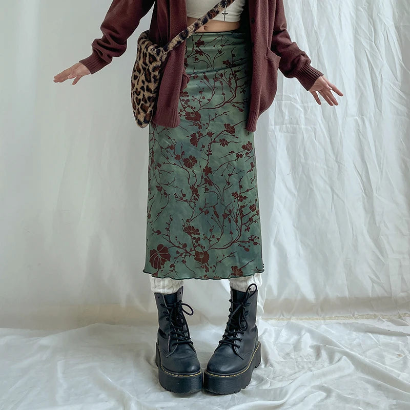 Floral Print Grunge Midi Skirt