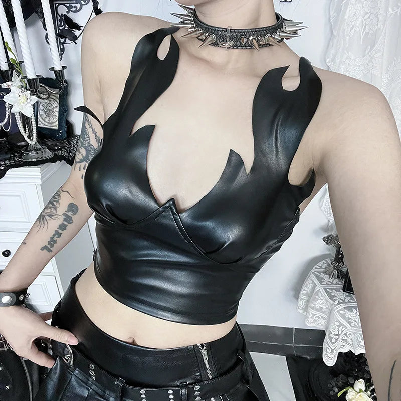 'Into the Fire' Black Goth PU Leather Cami Top