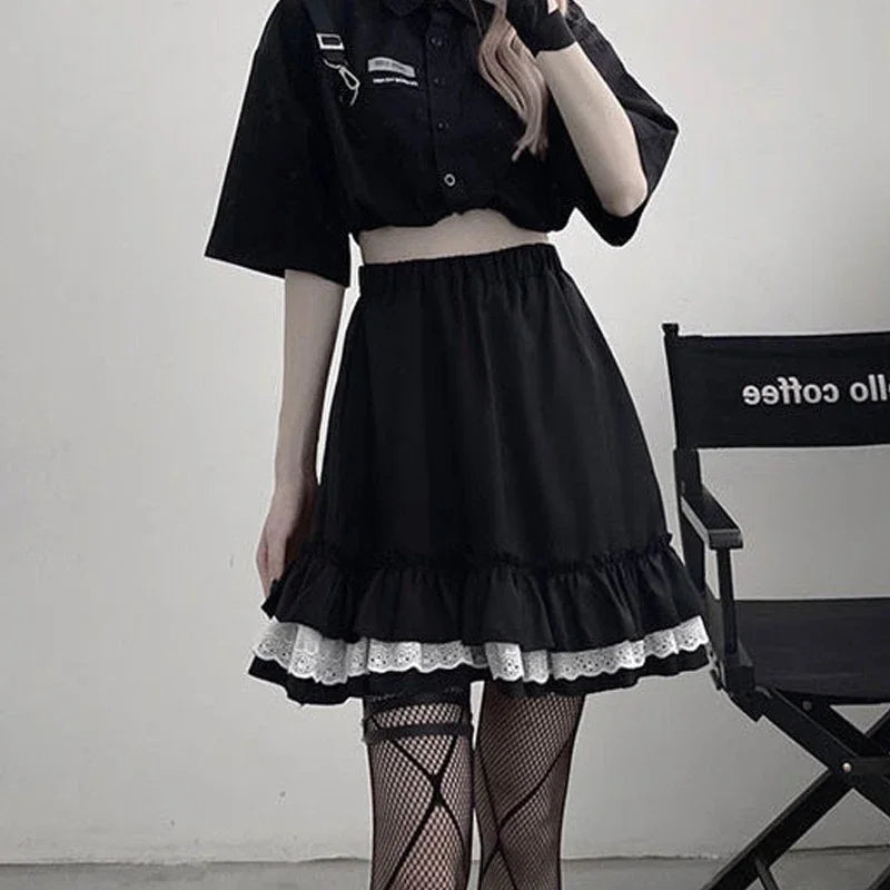 'Apparition' Black & White Harajuku Grunge Ruffle Skirt