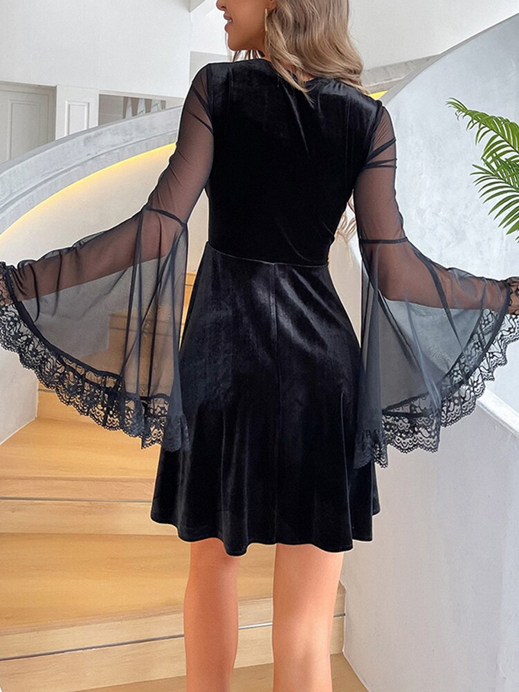 'Mystic' Black Goth Mesh Velvet Flare Dress