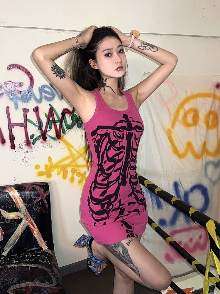 Pink Alt Kawaii Sleeveless Print Dress