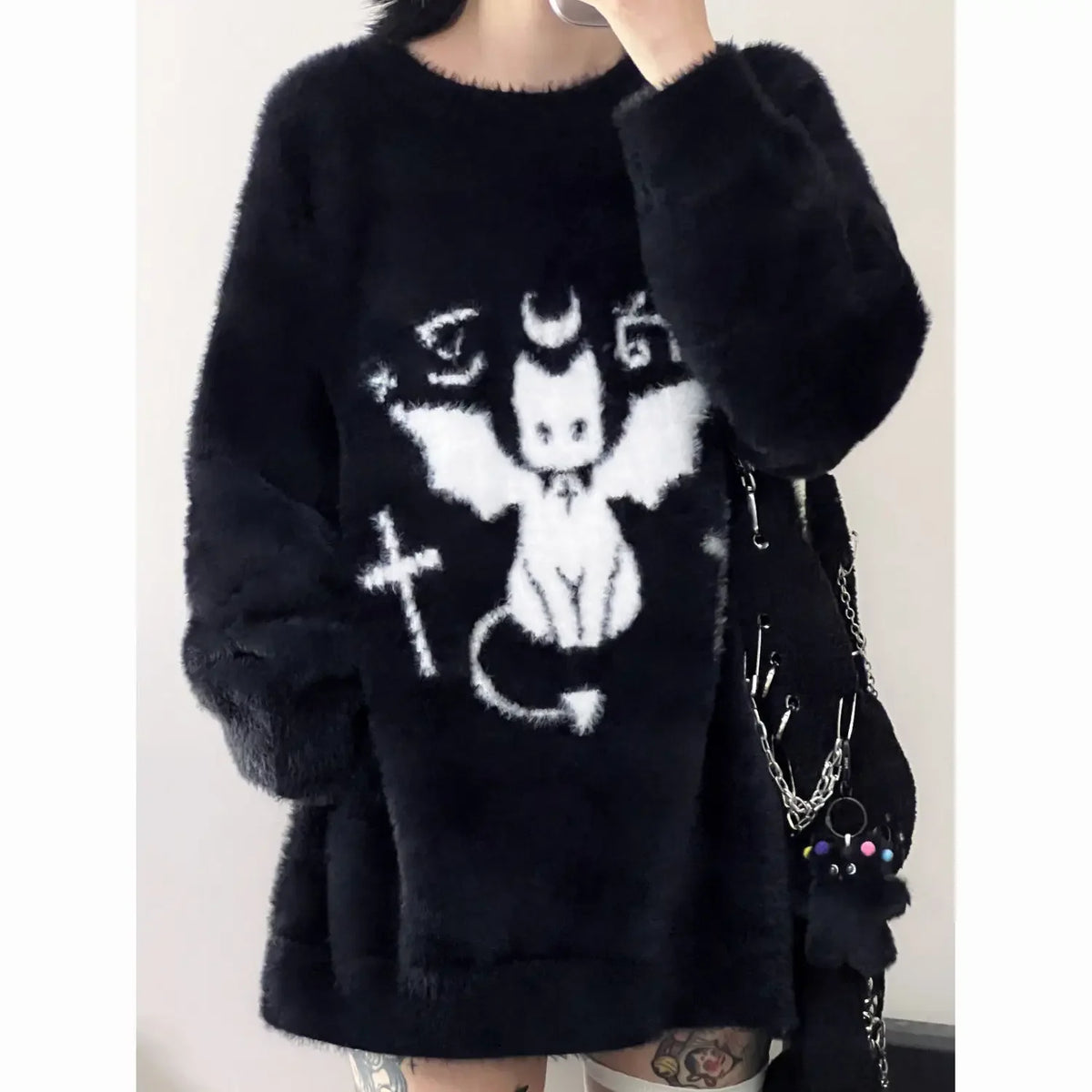 Black Grunge Cat Themed Long Sleeve Sweater
