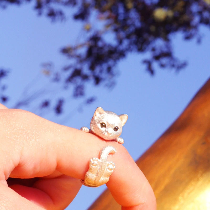 Cute Adorable Silver Plated Cat Ring