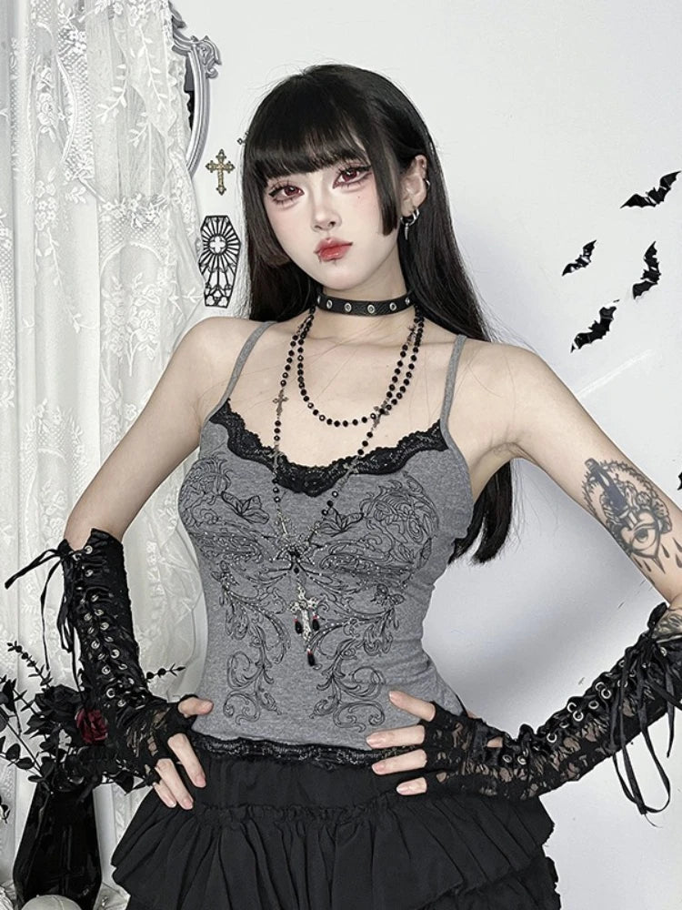 'Afterdark' Grey Y2k Gothic Grey Butterfly Lace Top