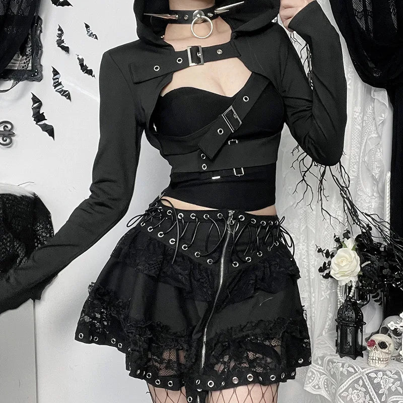 Black Goth Harajuku Grunge Long Sleeve Hooded Top