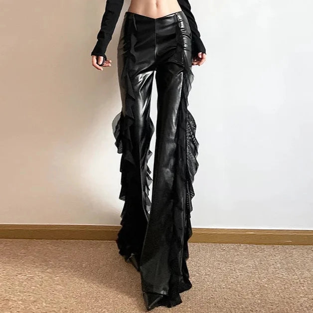 Goth 'Vampire Kiss' Black PU Leather Flowy Flared Pants – Rags n