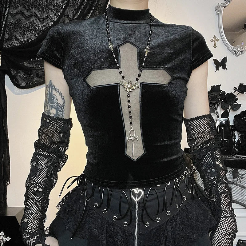 Black Goth Dark Cross Sheer Top