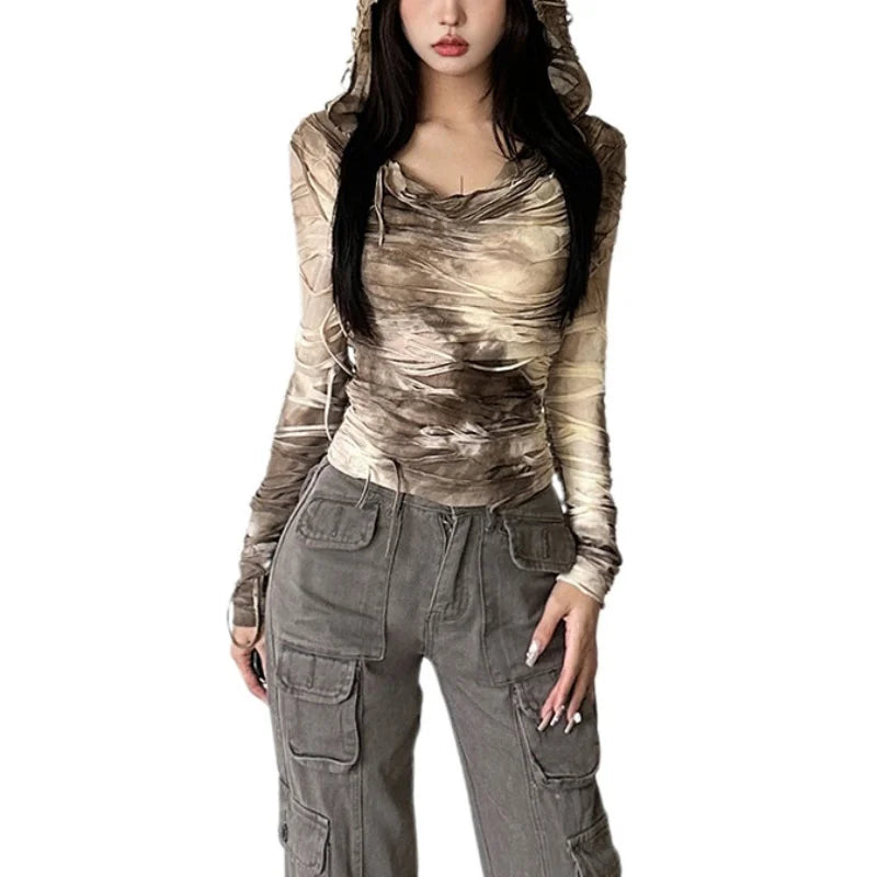 Grunge 'Wasteland' Y2k Tie Dye Print Ripped Long Sleeve