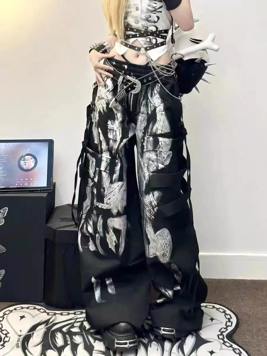 Black Alt Grunge Silver Painted Baggy Cargo Pants