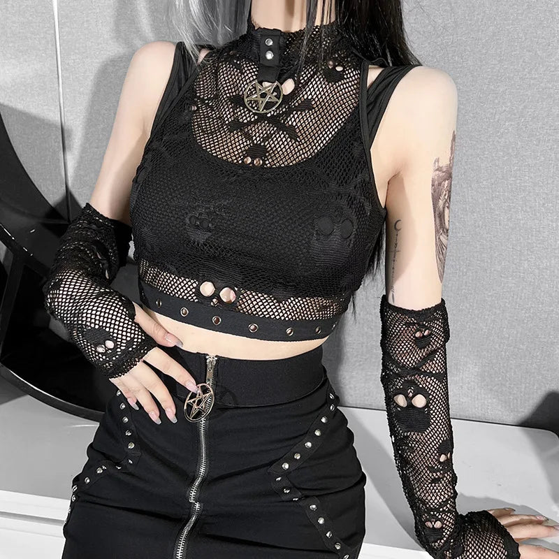 Gothic Skull Themed Turtleneck Lace Top and Gloves