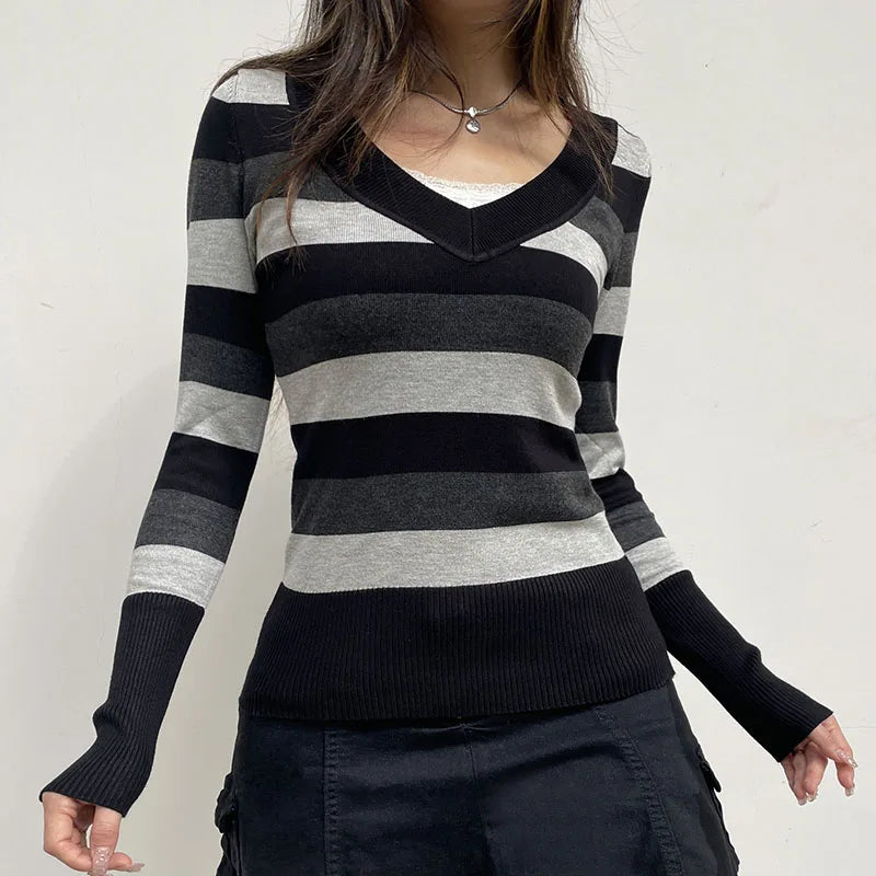 Striped Knitted V Neck Goth Grunge Monochrome Sweater