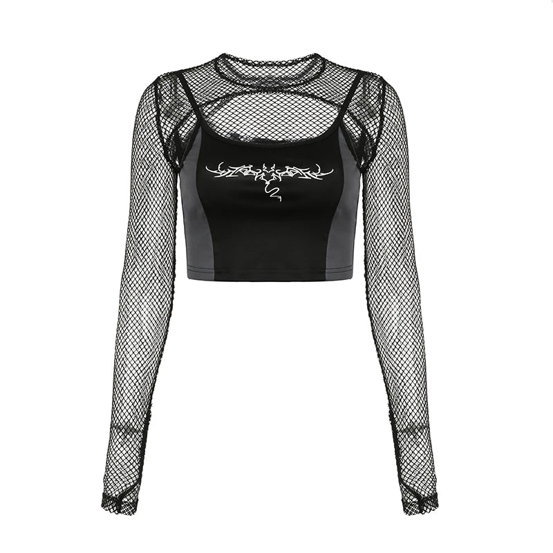 'Long Night' Black Top with Fishnet Sleeves and Front Goth 00's Style