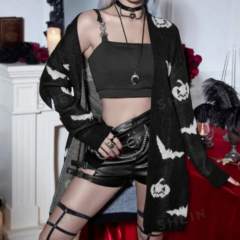 Dark Punk Halloween Bat Pumpkin Pattern Cardigan