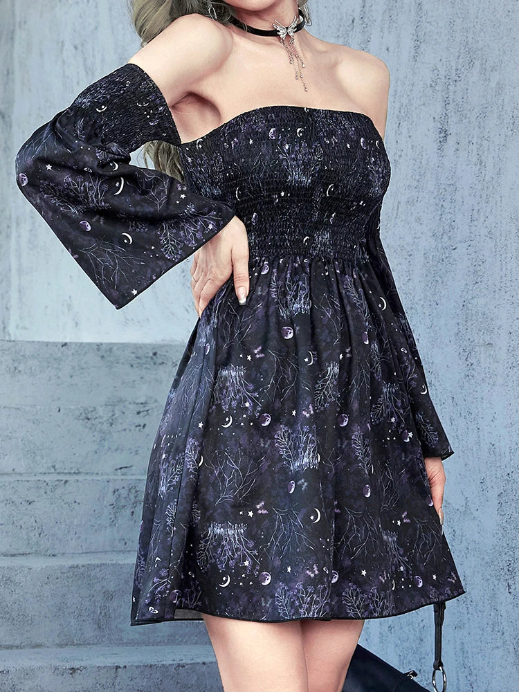 aesthetic mini dress Goth Dark Aesthetic Moon Print Shirring Mini Dresse – Rags n Rituals