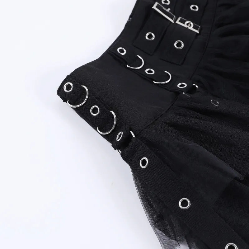 'Dark Fairytale' Black Ruffle Buckle Goth Mini Skirt