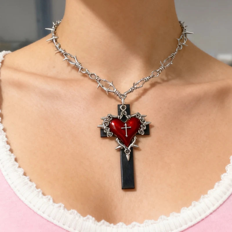 Alt Red Thorn Chain Cross Heart Pendant Necklace