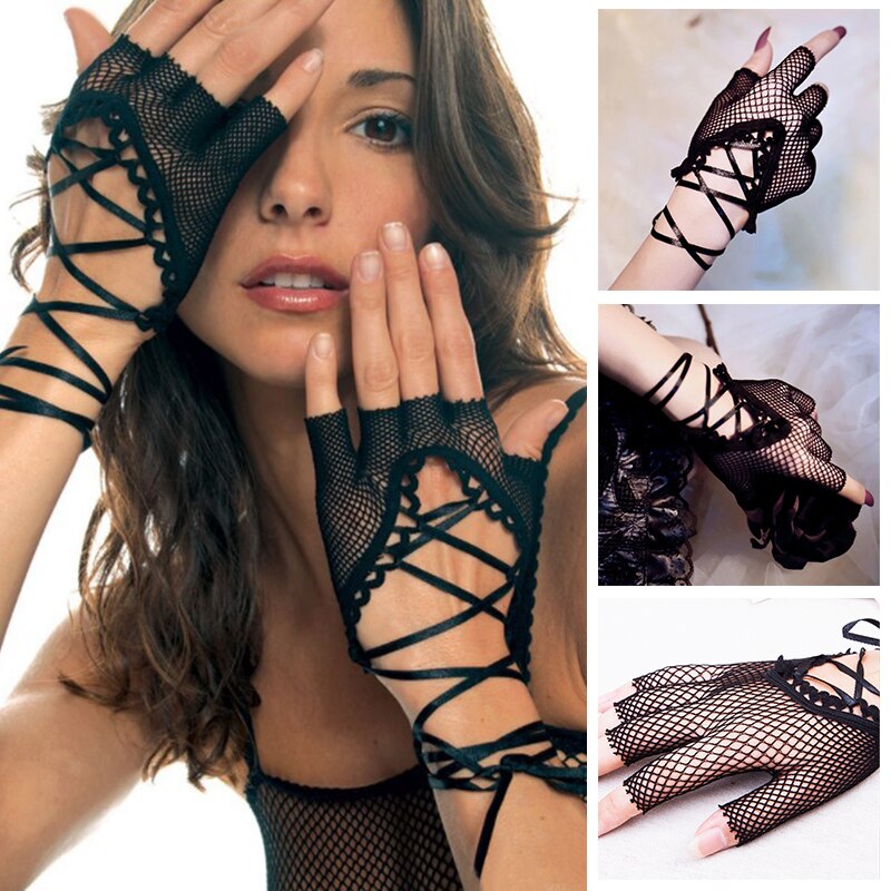 Black Fishnet Mesh Lolita Fingerless Gloves