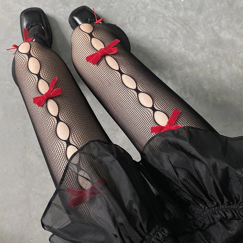 Black Lace Mesh Tights with Red Bows & Holes