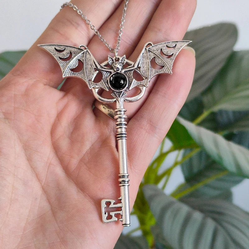 Gothic Moon Phase Bat Key Pendant Necklace
