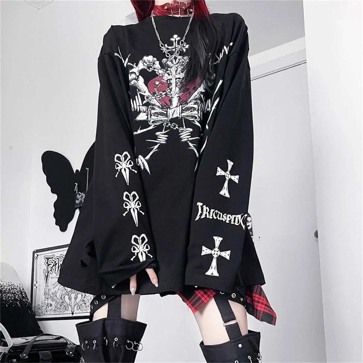 Black Trendy Alt Skull Print Subculture Long Sleeve Sweater