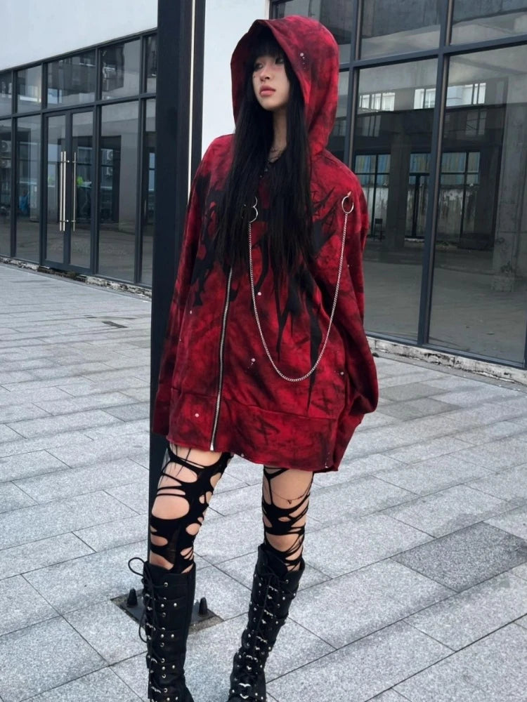 Red Y2k Aesthetic Oversized Grunge Hoodie – Rags n Rituals