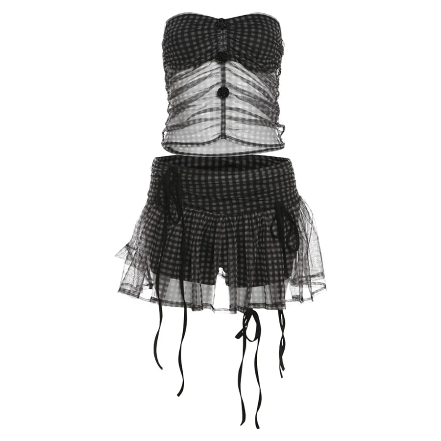 Black Goth Mesh Plaid Ruffles Two-piece Set