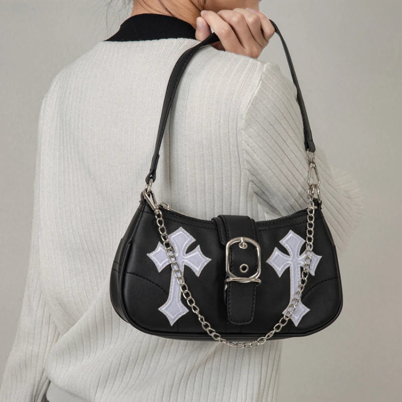Black Metal PU Leather Handbag