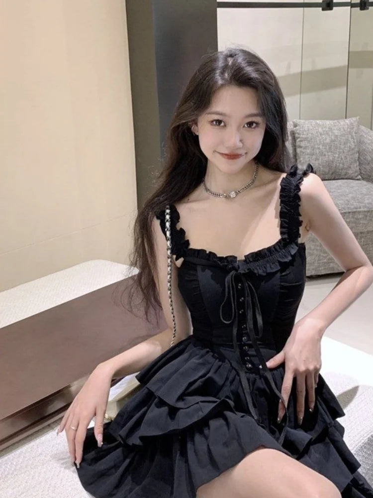 Kawaii Goth Harajuku Slip Ruffles Dress Black / L