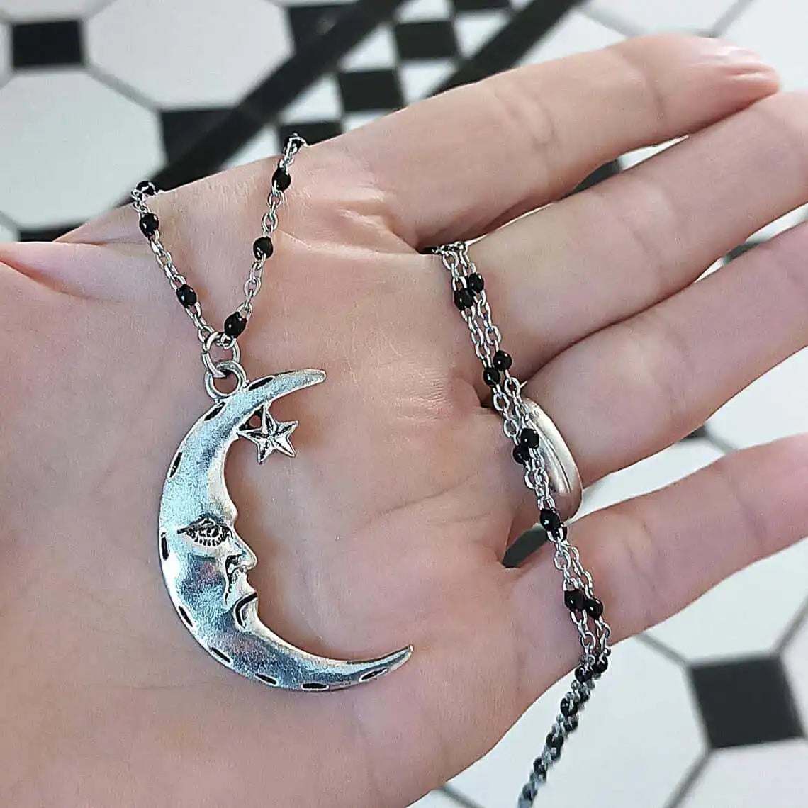 Silver Moon Rosary Necklace