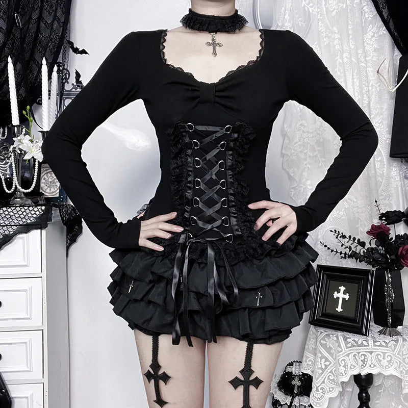 'Headstone' Black Goth Dark Lolita Lace Up Top