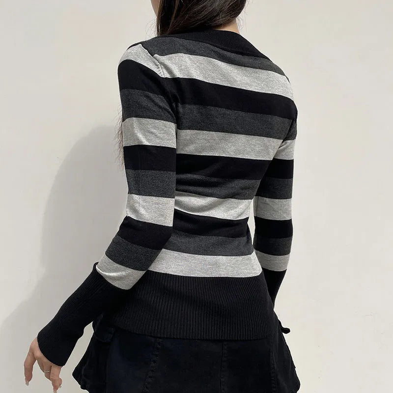 Striped Knitted V Neck Goth Grunge Monochrome Sweater