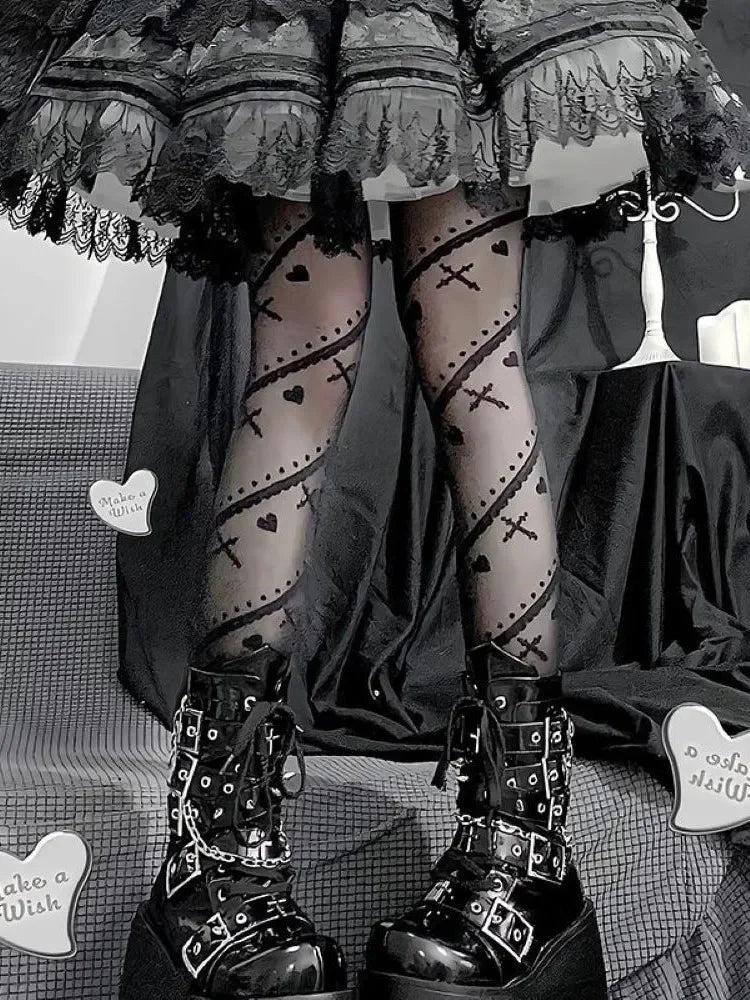 Gothic Black Lolita Heart Cross Tights