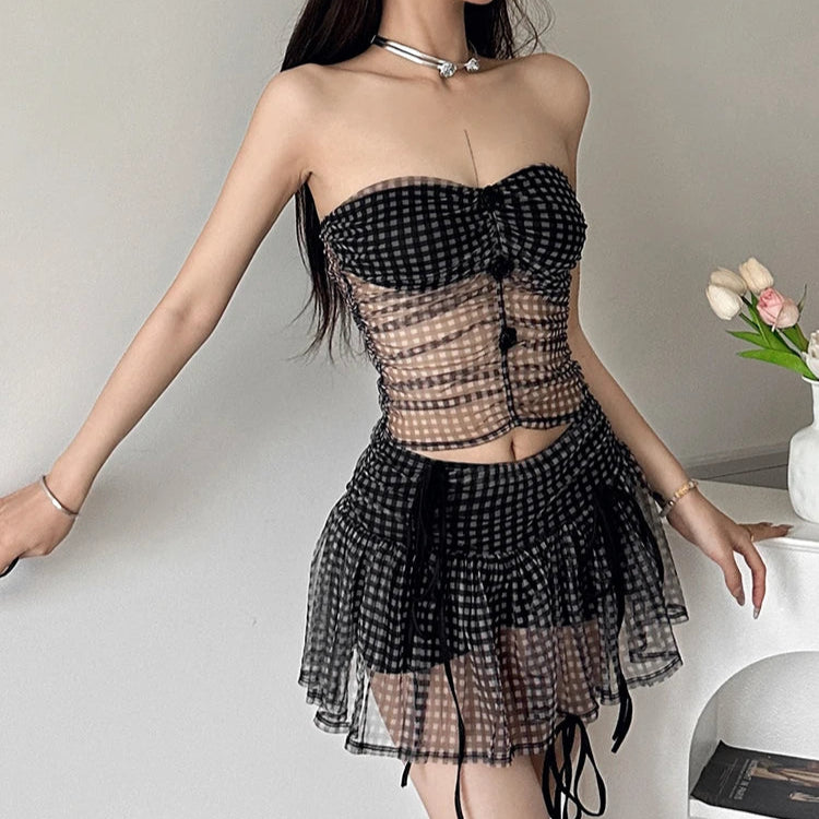 Black Goth Mesh Plaid Ruffles Two-piece Set