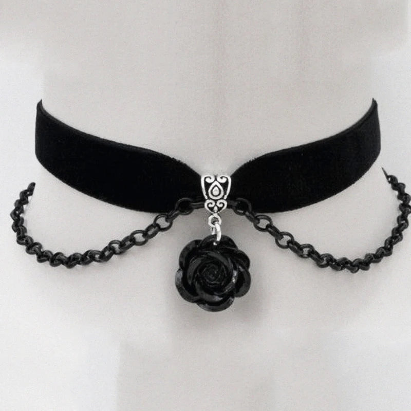 Gothic Alternative Black Rose Charm Choker