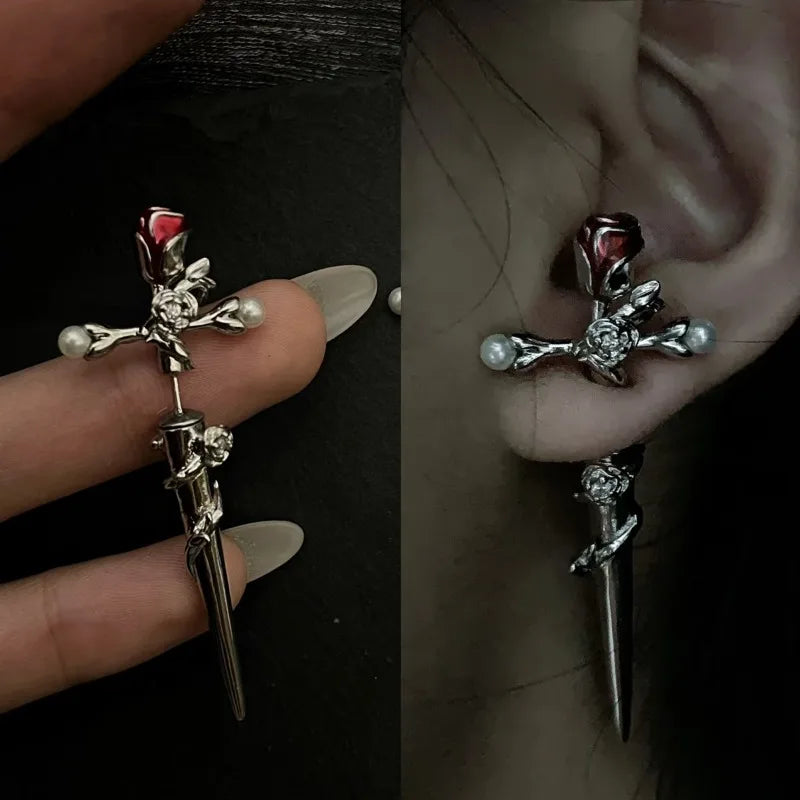 Red Alt Sword Rose Earrings